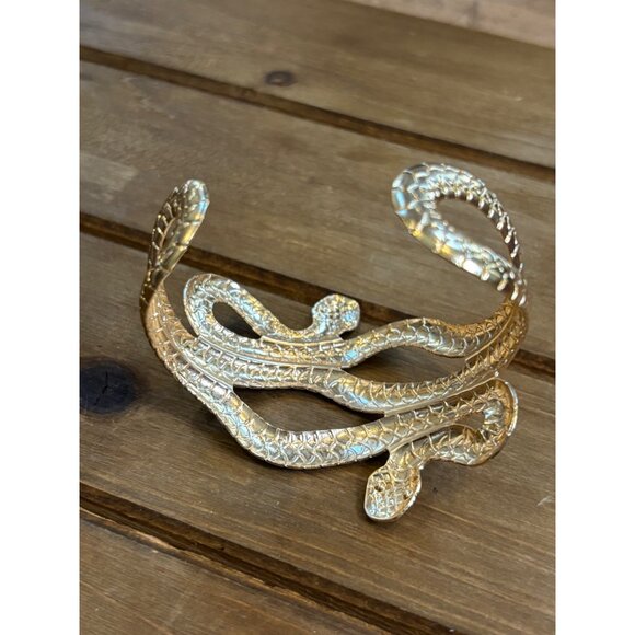 Gold Snake Cuff Bracelet Adjustable Size Textured Design - Picture 5 of 9